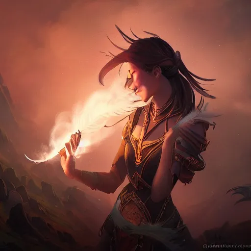 Image similar to magical feather pen, magic smoke trails on the feather pen, epic fantasy style, in the style of Greg Rutkowski, hearthstone artwork