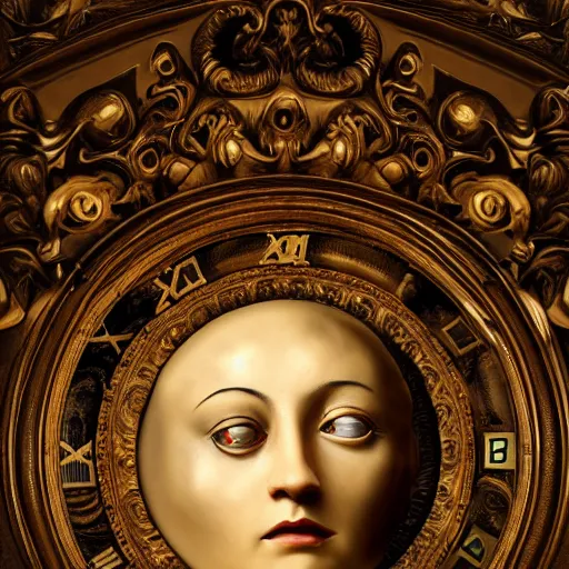 Image similar to human head replaced with clock in baroque style , surrealism , hyperrealistic , photoreaistic