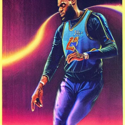 Image similar to lebron james in the style of a 7 0 s science fiction novel cover, highly detailed, bruce pennington, peter jones