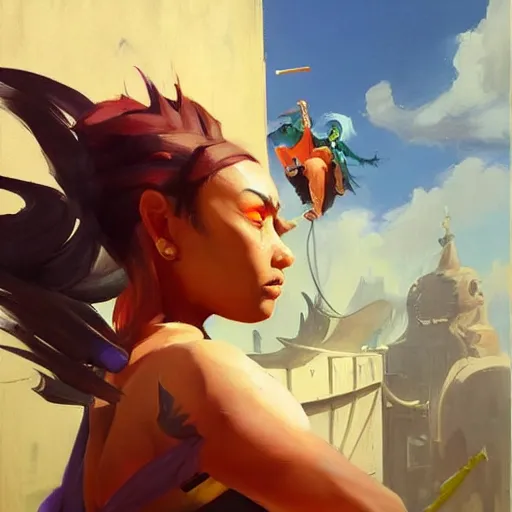 Image similar to greg manchess portrait painting of yuffi from ffvii as overwatch character, medium shot, asymmetrical, profile picture, organic painting, sunny day, matte painting, bold shapes, hard edges, street art, trending on artstation, by huang guangjian and gil elvgren and sachin teng