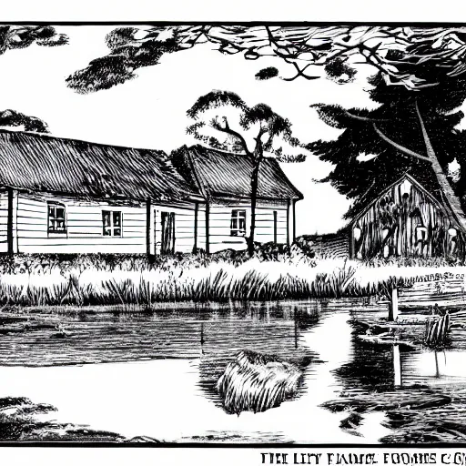 Image similar to black and white comic of a farmhouse beside a lagoon