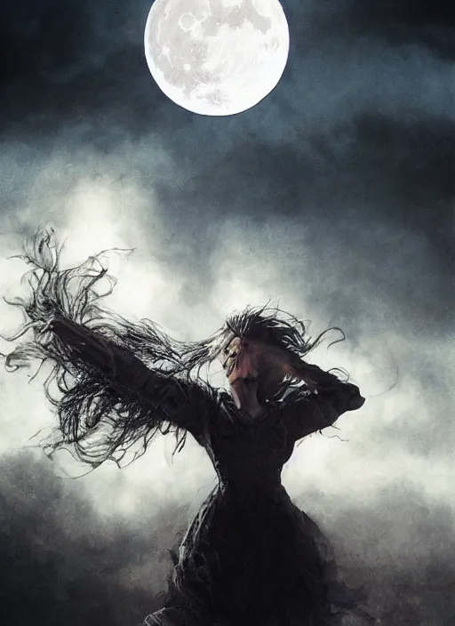 Image similar to portrait, A witch in front of the full big moon, dramatic lighting, cinematic, establishing shot, extremly high detail, foto realistic, cinematic lighting, by Yoshitaka Amano, Ruan Jia, Kentaro Miura, Artgerm, post processed, concept art, artstation, matte painting, style by eddie mendoza, raphael lacoste, alex ross