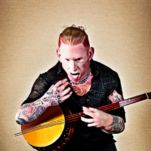 Image similar to Corey Taylor wearing a tutu, playing the banjo. Music magazine cover, band photography, studio lighting