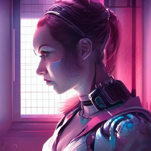 Prompt: portrait of cyberpunk woman looking out of a window, cyberpunk setting, futuristic, highly detailed, intricate lighting, digital painting, sharp focus, illustration, trending on artstation, art by artgerm.