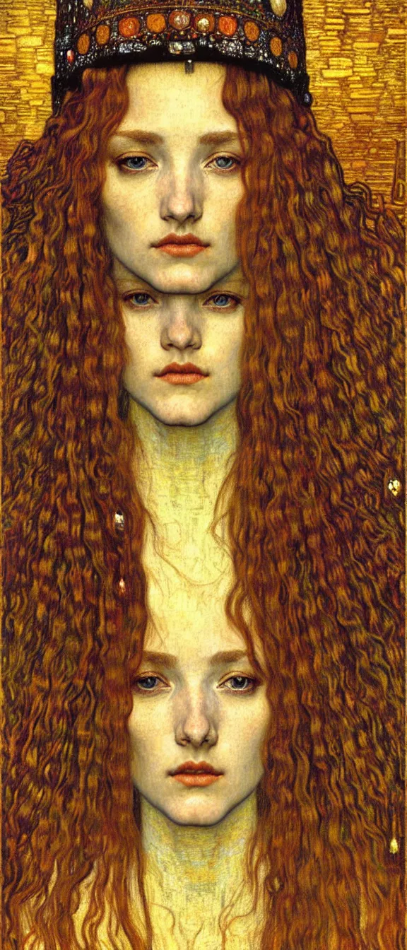 Image similar to detailed realistic beautiful young medieval queen face portrait by jean delville, gustav klimt and vincent van gogh, art nouveau, symbolist, visionary, gothic, pre - raphaelite, muted earthy colors, desaturated