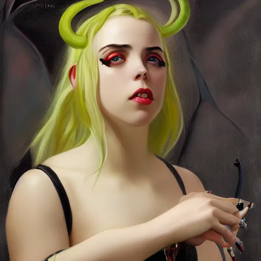 Prompt: Billie Eilish as a demon succubus, oil on canvas, noir effect, artstation, by J. C. Leyendecker and Edmund Blair Leighton and Charlie Bowater,--width 1600