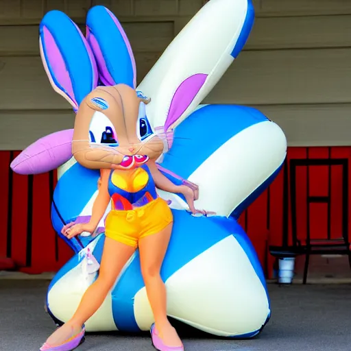 Prompt: lola bunny inflated by an air compressor