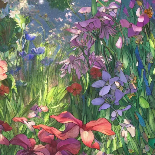 Prompt: synthetic elements of gouache painting of flowers and flower borders source material, style of studio ghibli, makoto shinkai, raphael lacoste, louis comfort tiffany, artgerm, james jean, ross tran