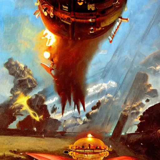 Image similar to a spanish italian spaceship, stuck in the ground, the spaceship is on fire, smoke, rainstorm, lightning, angry, kinetic, john sargent, peter deligdisch, adolphe bouguereaum, norman rockwell, trending on artstation, highly detailed oil painting,