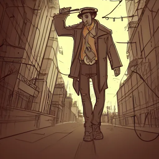 Image similar to a haggard detective in a trenchcoat scanning a crimescene, sketchy artstyle, digital art, dramatic, thick lines, rough lines, line art, cinematic, trending on artstation