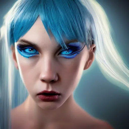 Prompt: portrait of young girl half dragon half human, dragon girl, dragon skin, dragon eyes, dragon crown, blue hair, long hair, highly detailed, cinematic lighting, by Darren Aranofski