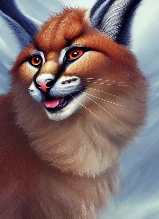 Image similar to cute fluffy caracal as apollo ancient greek god, details, fantasy, epic, ancient greek city, intricate, decadent, highly detailed, octane render, digital painting, artstation, concept art, sharp focus, illustration, art by artgerm, loish, wlop