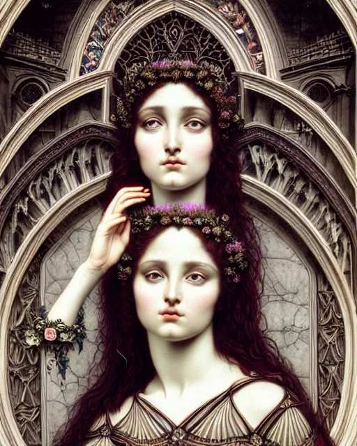 Image similar to hyperrealistic detailed portrait of a beautiful young goddess morphing into a gothic cathedral, authentic ornamental architecture, art by ernst haeckel, john william godward, android jones, h. r. giger, gothic, neo - gothic, heavily ornamental,