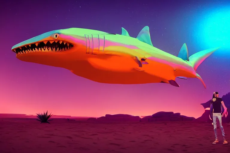 Image similar to a holographic projection of a huge colorful transparent shark appears in the desert at night, a man is stunned, by anton fadeev and jame paick, 8 k, unreal engine