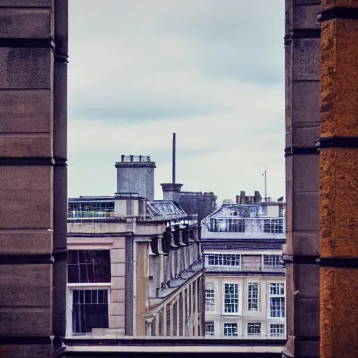 Image similar to “a rooftop cityscape viewed from inside a listed regency building in central london, 4K”