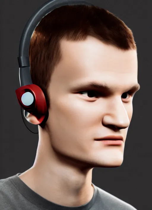 Image similar to vitalik buterin in headphones. vitalik buterin, medium shot, perfect symmetric face, coherent eyes, cute happy face, fine details., very sharp, 4 k, pixar, octane render, hans zatska