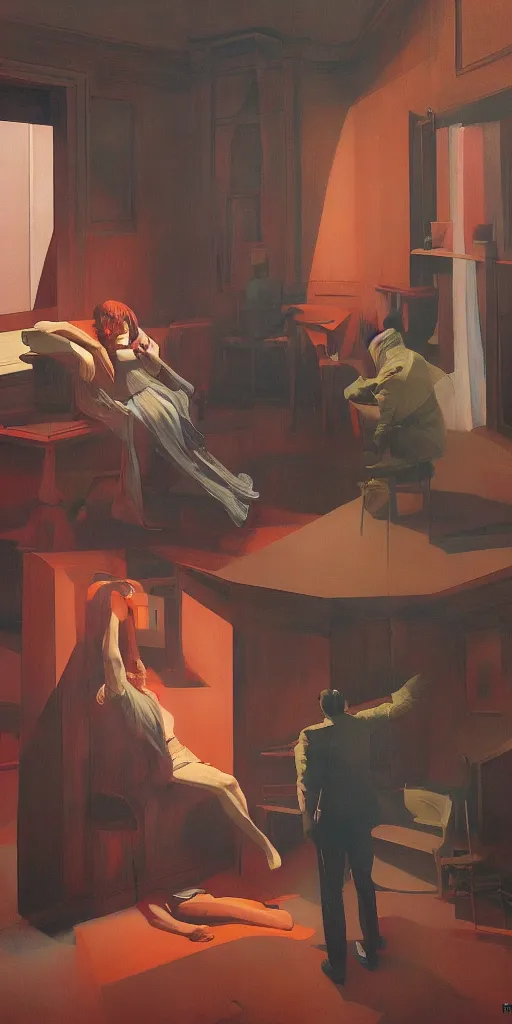 Image similar to the disinvention of time, liberation, by edward hopper and james gilleard, zdzislaw beksinski, open ceiling, highly detailed, black people, painted by francis bacon, painted by james gilleard, surrealism, airbrush, ilya kuvshinov, wlop, stanley artgerm, very coherent, art by takato yamamoto and james jean