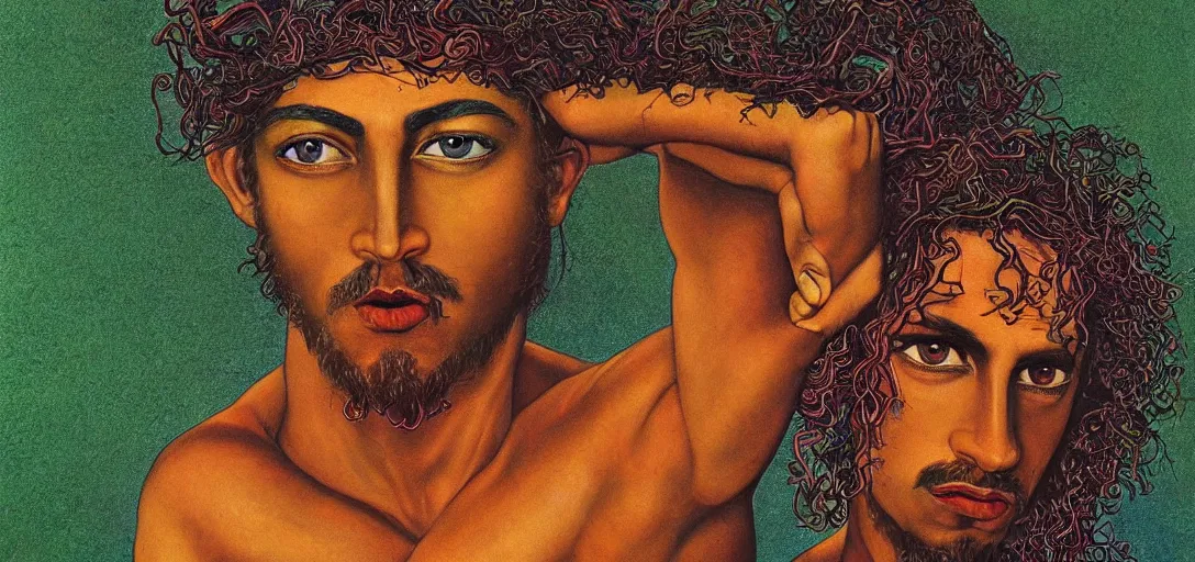 Image similar to an abstract spiritual background, a multiracial greek god dancing, green eyes. high contrast lines, great detail. 2 4 mm, photorealistic, muted color scheme, directed by mati klarwein and mat collishaw