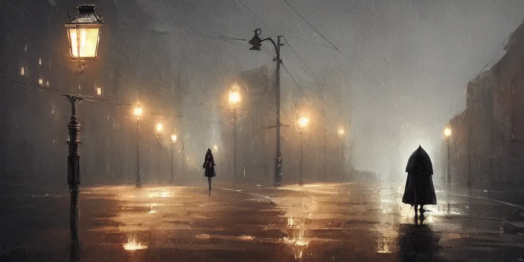 Image similar to lonely road of moscow at night with a single lamp post, walking woman with umbrella, artstation, detailed, by greg rutkowski,