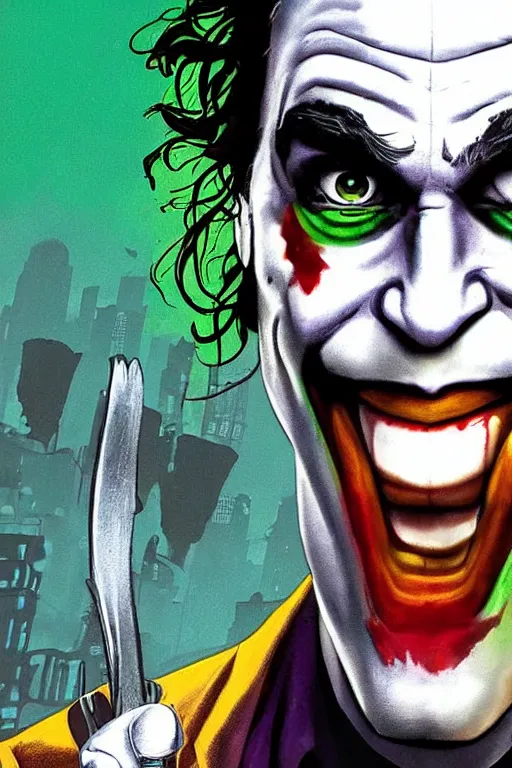 Prompt: joaquin phoenix joker cover comic book by dc comics, without duplicated content!!!!, violet polsangi pop art, gta chinatown wars art style, bioshock infinite art style, incrinate, realistic anatomy, hyperrealistic, 2 color, white frame, content balance proportion