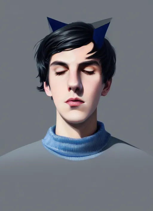 Prompt: portrait of teenage jughead jones wearing a light grey crown, crown, blue turtleneck, closed eyes, eyes closed, slight smile, black hair, intricate, elegant, glowing lights, highly detailed, digital painting, artstation, concept art, smooth, sharp focus, illustration, art by wlop, mars ravelo and greg rutkowski