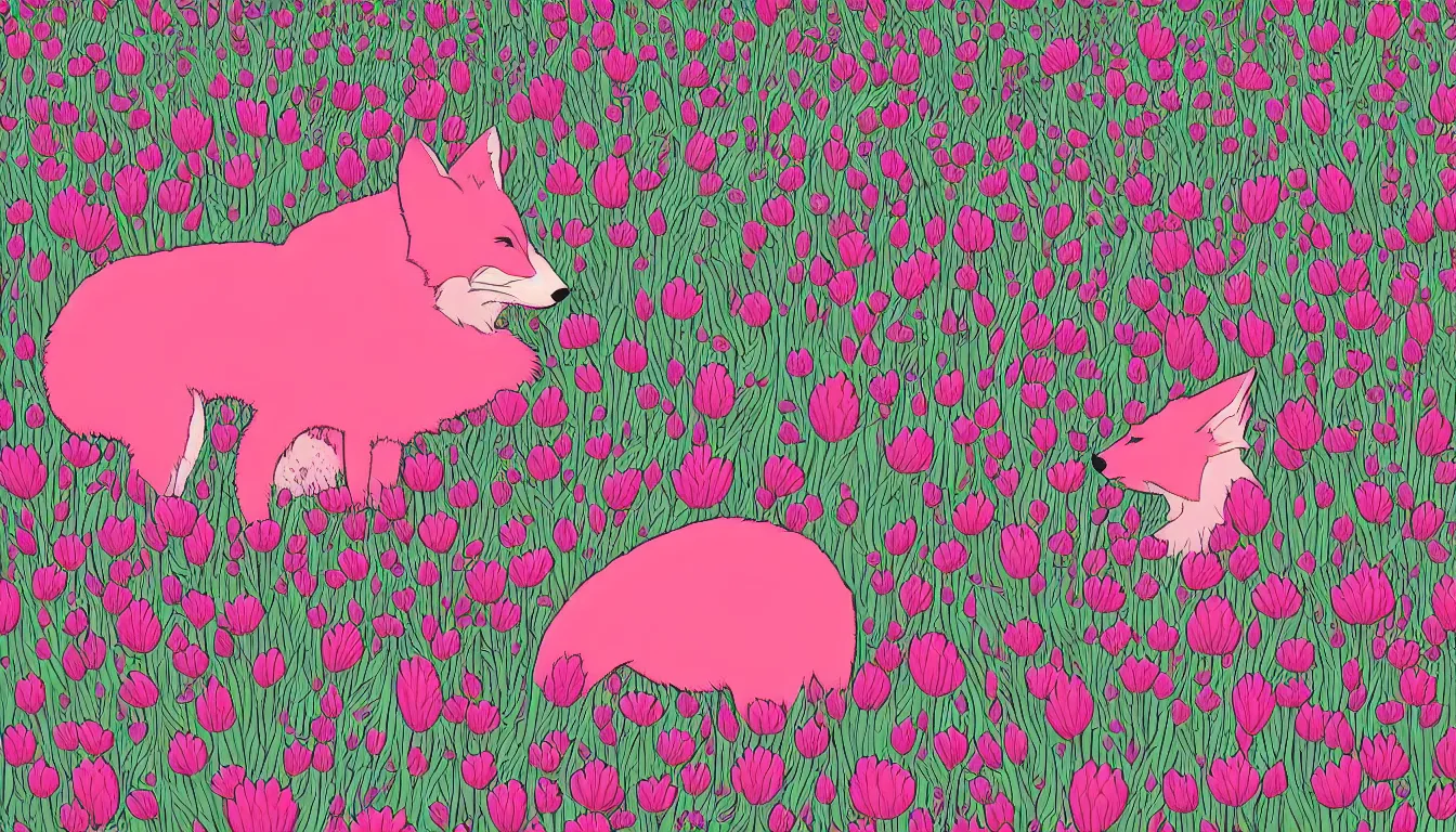 Image similar to pink fox head popping out of a field of flowers by Kilian Eng, minimalist, detailed