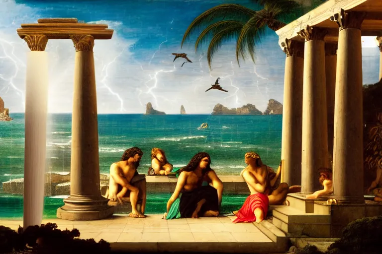 Image similar to Doric temple on front of balustrade and palace columns, refracted lightnings on the ocean, thunderstorm, tarot cards characters, beach and Tropical vegetation on the background major arcana sky and occult symbols, by paul delaroche, hyperrealistic 4k uhd, award-winning, very detailed paradise