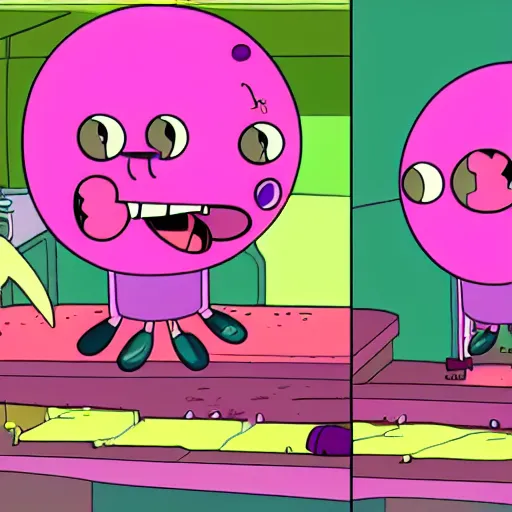 Image similar to pink jellyfish from the cartoon SpongeBob Squarepants hits SpongeBob with a metal sieve