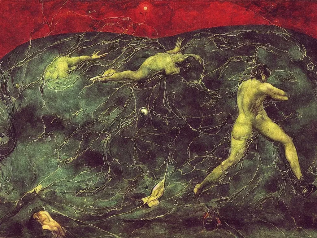 Prompt: cosmic pupil under torrential rain. valley of joy and despair. open manuscript of alchemic insect. painting by max ernst, moebius, arnold bocklin, william blake