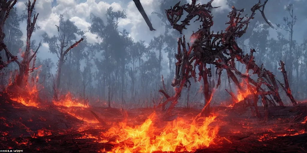 Prompt: distant shot of a 1 0 0 foot tall centipede, made of bones, trampling a burning forest, from skyrim, by makoto shinkai, hayao miyazaki, sakimichan