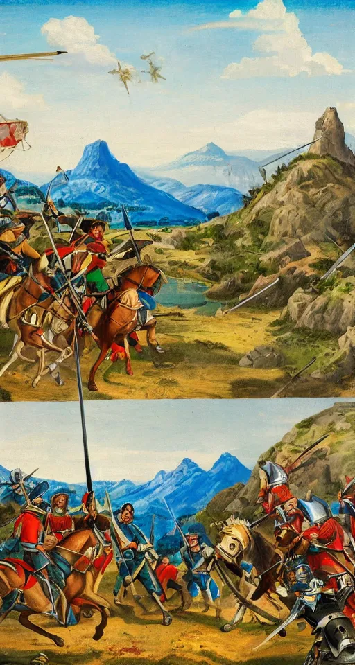 Image similar to colorful simple wideshot of a small medieval battle in front of a beautiful large blue mountainscape, painting