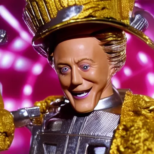 Image similar to a still from a tv commercial for an action figure of happy christopher walken as the tin man from the wiz the movie, singing & dancing, 4 k, highly detailed, award winning, look at all that detail!