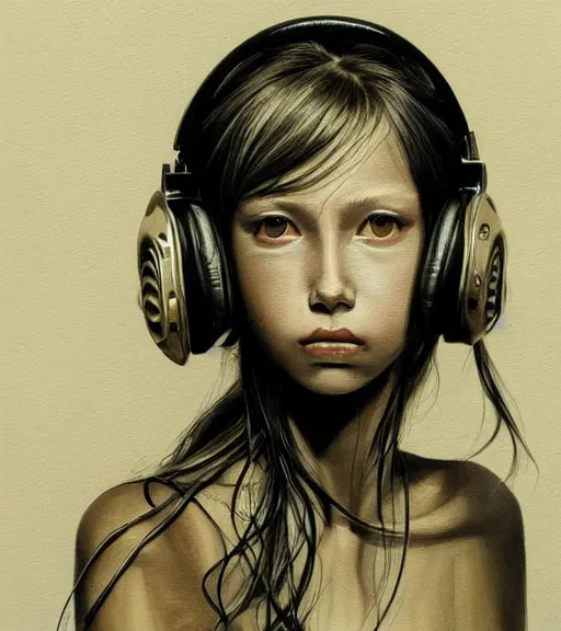 Image similar to young girl wearing headphone listening to amplifier trending on deviantart artstation drawing painting portrait giger sorayama frank Miller style