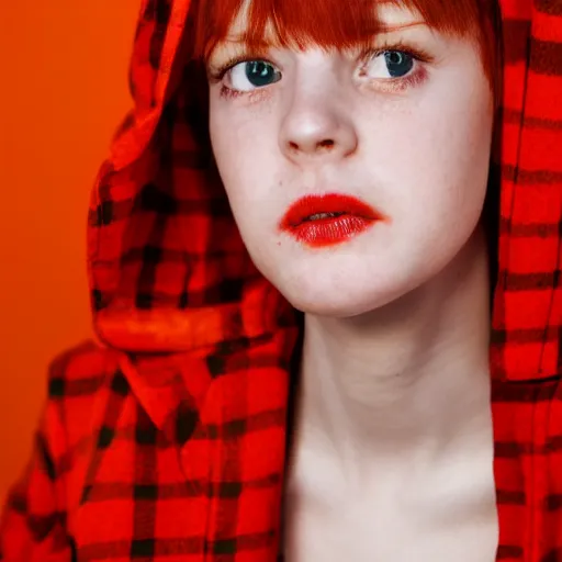Prompt: photograph, closeup portrait of a young pale woman with short orange hair, tired eyes, wearing red flannel, flash photography, white background, indoor setting, high contrast, sharp, portra 8 0 0, photographed by terry richardson, trending on tumblr,