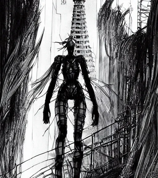 Prompt: tarkovsky scene, epic ancient tower of babylon above a woman in transparent cyber clothing, hyperrealistic, blame, manga style, drawing by tsutomu nihei, cyber world, concept art, hyper - detailed, smooth, masterpiece, epic, cinematic, high quality