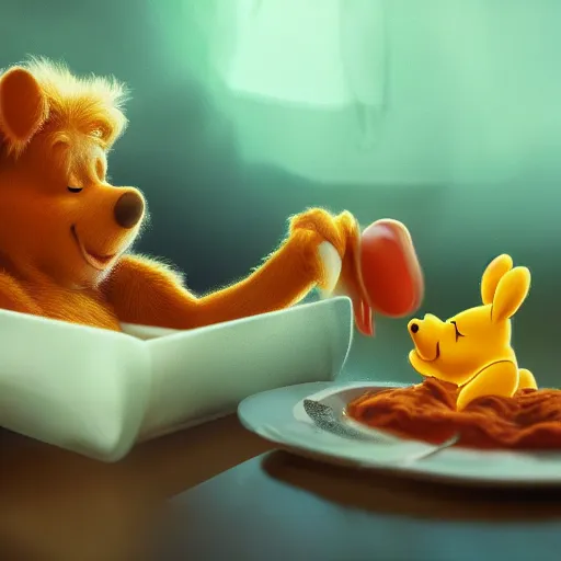 Prompt: winnie the pooh eating lasagne, extreme close up cute dystopian award winning photography, extremely detailed, artstation, 8 k, sensual lighting, incredible art, wlop, artgerm