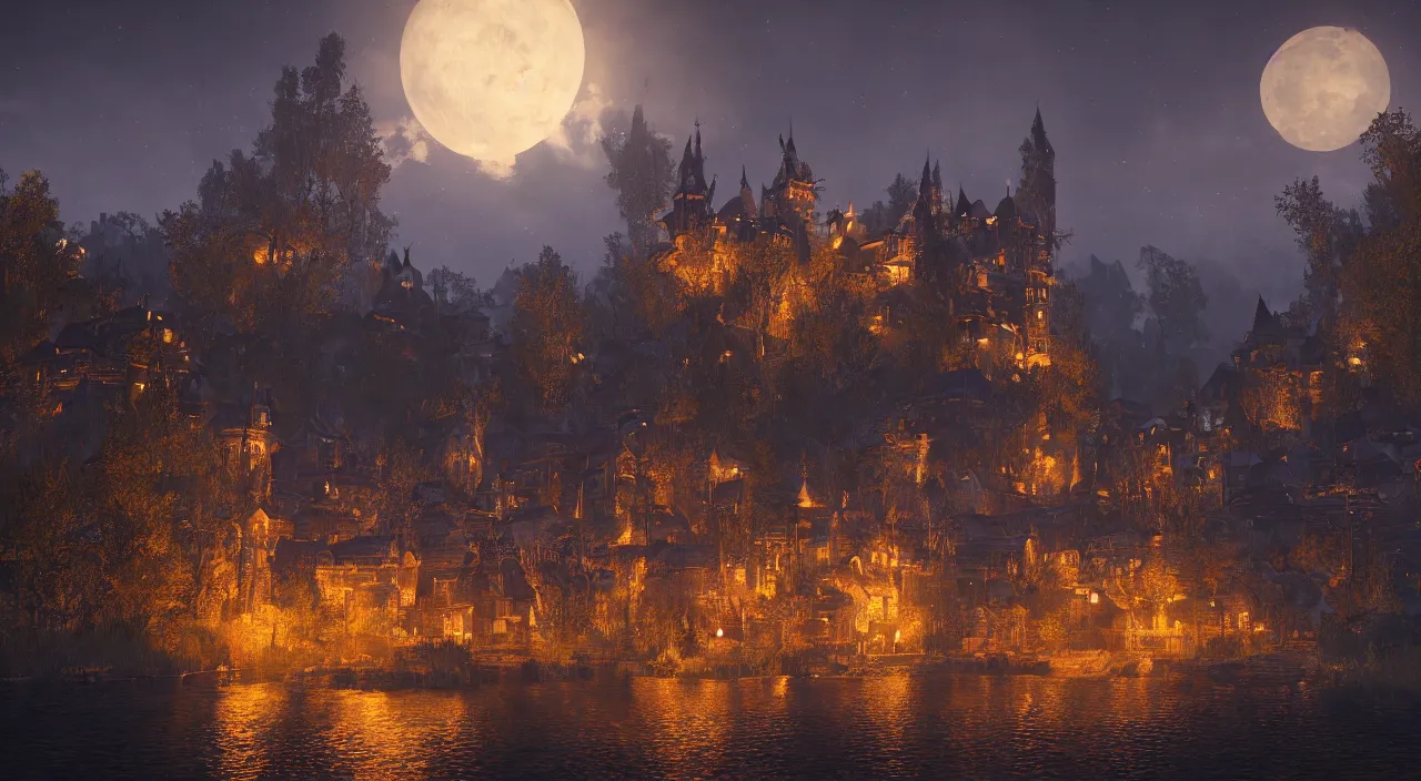 Prompt: A beautiful painting of a medieval city on the edge of a lake, illuminated by moonlight in the evening.The Witcher 3: Wild Hunt.elden ring.4k