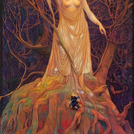 Image similar to the queen of the forest in a tree, by Annie Swynnerton and jean delville and Nicholas Roerich and Tino Rodriguez, elaborately costumed, rich color, dramatic cinematic lighting, extremely detailed