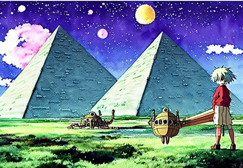 Image similar to a hyperrealist watercolor concept art from a studio ghibli film showing a giant mechanized crocodile from howl's moving castle ( 2 0 0 4 ). a pyramid is under construction in the background, in the rainforest on a misty and starry night. a ufo is in the sky. very dull muted colors. by studio ghibli