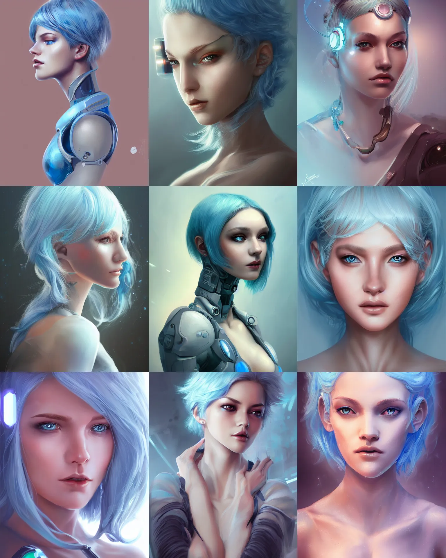 Prompt: Ultrarealistic illustration beautiful young woman, short light blue hair, cyborg, cyberpunk, sci-fi fantasy,intricate,elegant,highly detailed, digital painting, artstation, concept art