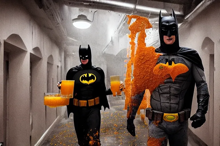 Prompt: batman covered in lots of orange juice offering free beer, chasing through old brown decrepit hallway, creepy smile, atmospheric eerie lighting, dim lighting, bodycam footage, motion blur, blurry photography