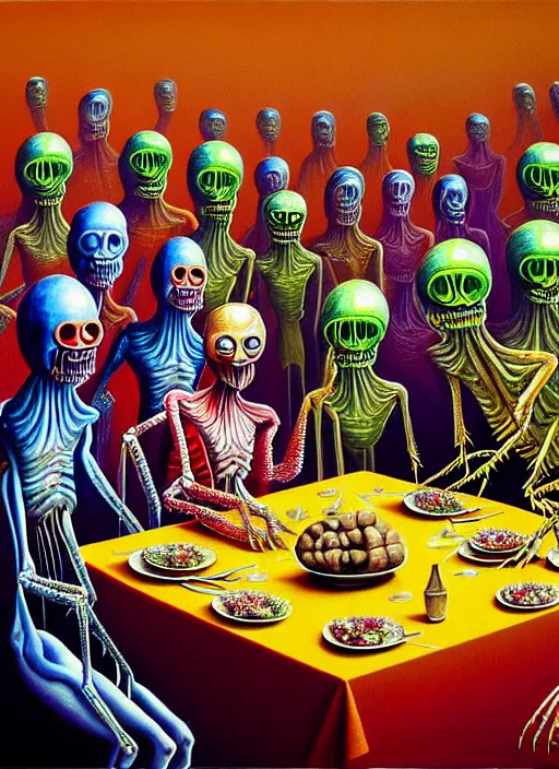 Prompt: realistic detailed image of a criminal insect clan in baroque clothes in an old italian restaurant full of long legged birds eating colorful alien brain salad and roasted rainbow dishes and drinking sparkling wine by Bel Fullana, Adrian Ghenie, Storm Thorgerson, and Tony Matelli, neo expressionism art, semi naive, neo noir, rich deep colors, cinematic. Beksinski painting, part by Hilma af Klint and Gottfried Helnwein. art by Ron Mueck. masterpiece