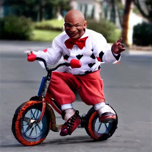 Image similar to mike tyson riding a tiny clown bike