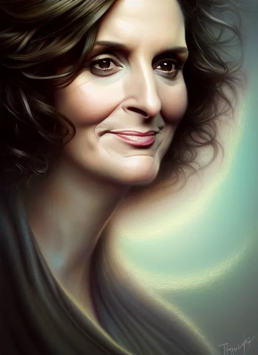 Prompt: potrait of tina fey, aesthetic, fine art, intricate, elegant, highly detailed, realistic hair, centered, digital painting, art station, conceptual art, soft, sharp focus, illustration, artwork, artgerm, tomasz alen kopera, peter mohrbacher, donato giancola, wlop, boris vallejo