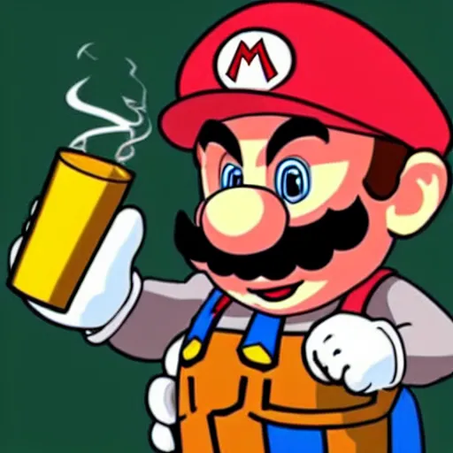 Image similar to super mario drinking bourbon and smoking a joint, realistic, defined