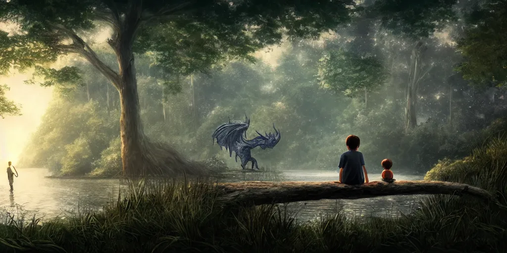 Image similar to a big silver dragon and a boy sitting next to lake in forest, many fireflys, at night, concept art, dof, cryengine, digital art, detailed background, makoto shinkai