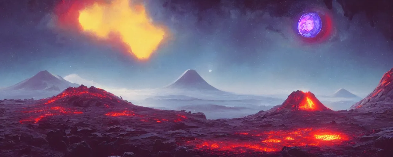 Image similar to ” outer planet with volcanoes, [ art by paul lehr, cinematic, detailed, epic, widescreen, opening, establishing, mattepainting, photorealistic, realistic textures, octane render ] ”