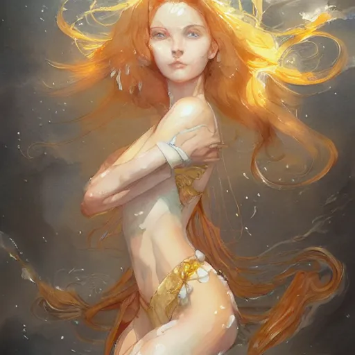 Image similar to The shining golden queen of jellyfish soars in the thick gray stormy ocean artstation , watercolor, highly detailed, portrait, by krenz cushart