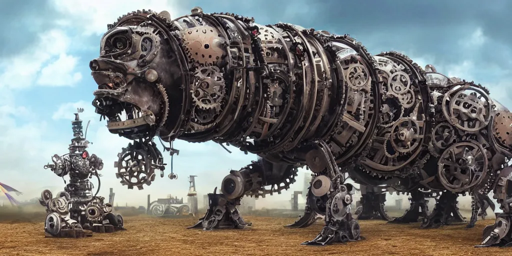 Prompt: a photo of a giant mechanical pig with gears and pistons, steam and wires, robot pig the size of a small building, in the style of a blockbuster film