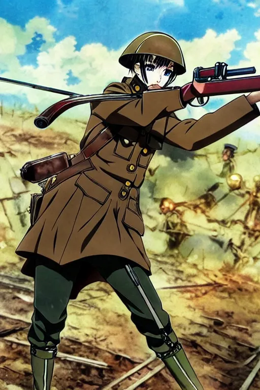 Image similar to anime key visual of tanya degurechaff aiming down a bolt action rifle, official digital media illustrated by artist so - bin, 1 9 1 8 colorized footage of the great war, trenches bombs, trending on artstation